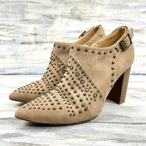 Kaari Blue Tan Studded Booties Kristen Suede Block Heel Western Pointed Toe Shoe